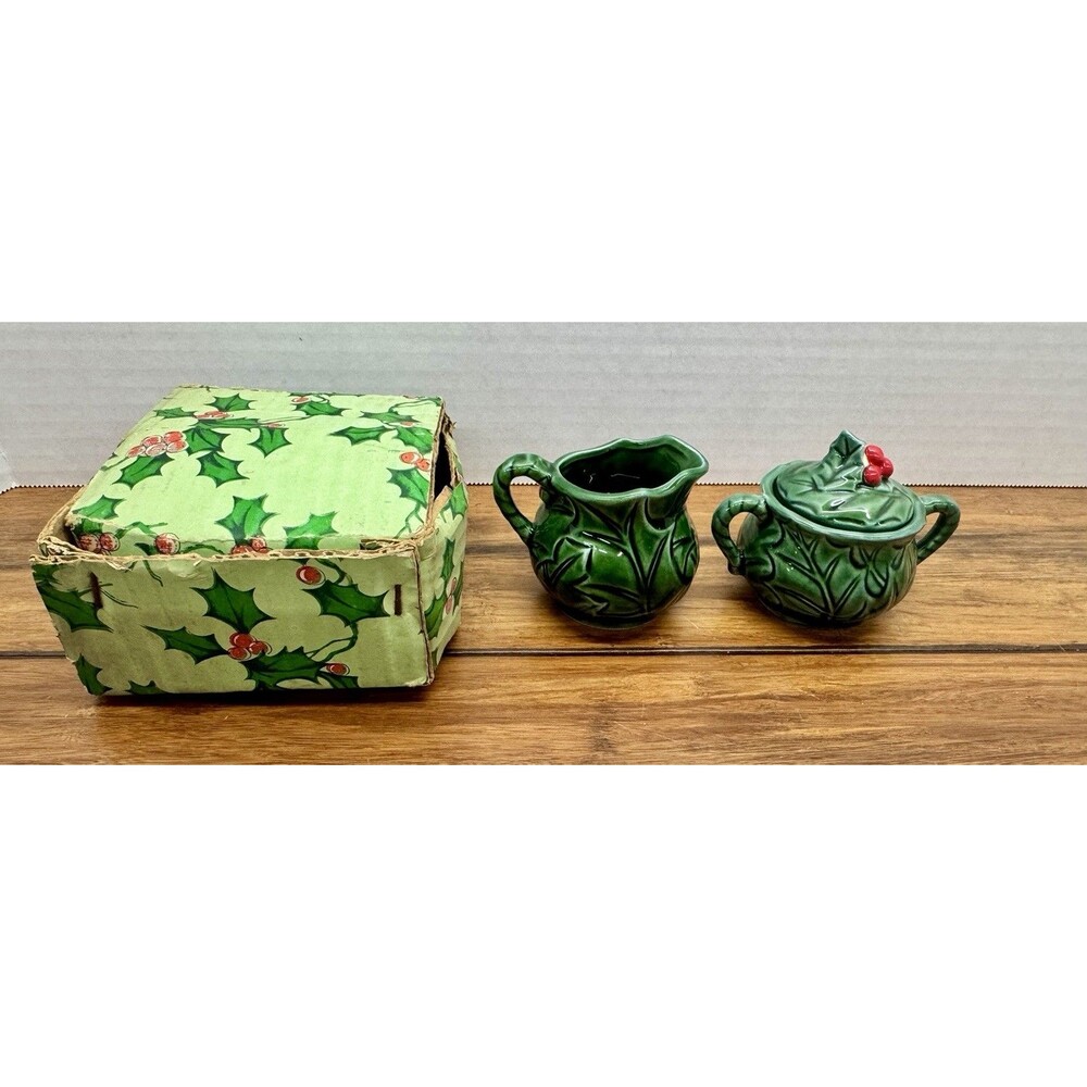 Rare Vtg Lefton Christmas Green Holly Berry Sugar And Creamer 6036 Japan W/ Box